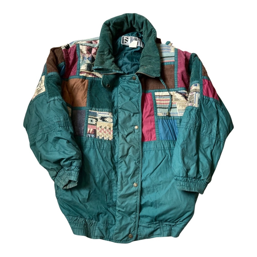 Vintage patchwork jacket womens 1X plus 90’s ski jacket puffer corduroy patches